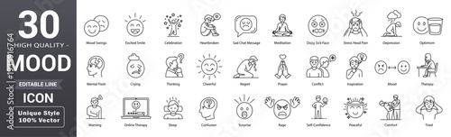 Mood line icon set. Editable outline emotion, happy, sad, angry, tired, mental, feeling and more collection. Vector illustration 