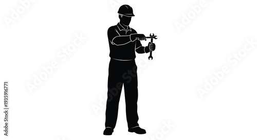 A black silhouette depicts a worker using a wrench showcasing industrial labor and maintenance work processes silhouette high quality