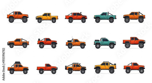 Collection of Off Road Pickup Trucks in Various Colors.