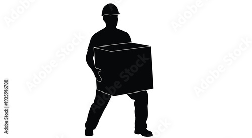 A stark image depicts a worker carrying a large cubic box presented as a bold silhouette high quality professional