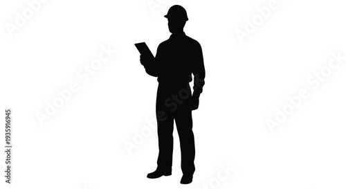 A stark black silhouette depicts a construction worker holding and examining a tablet device presenting a modern work scene silhouette