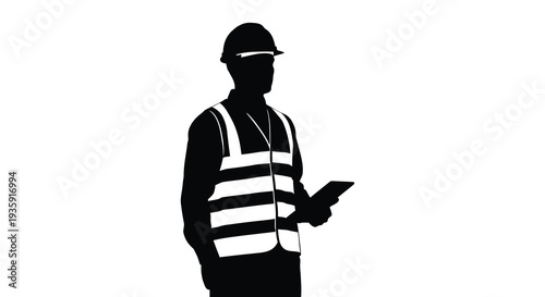 A stark black silhouette depicts a construction worker holding a tablet suggesting modern technology in the field silhouette
