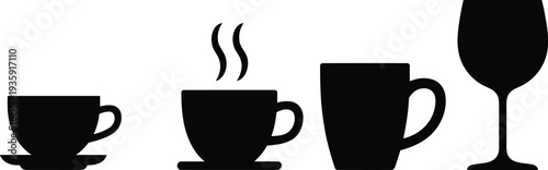 Cup, mug, teacup, saucer, coffee, steam, hot, beverage, drinkware, wine, glass, silhouette, design, illustration, kitchen, utensil, bar, restaurant, decor, collection