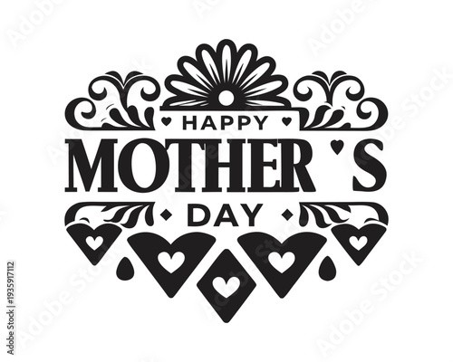 Happy mothers day decorative emblem with hearts floral elements and filigree designs