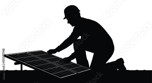 A worker installs a solar panel on a rooftop demonstrating renewable energy technology in a striking silhouette high quality