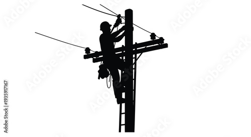 A lineman is shown ascending a utility pole while working on electrical lines depicted as a striking silhouette