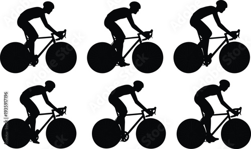 Cycling silhouettes, bicycle riders, racing posture, sports icons, fitness motion, vector illustration, black silhouettes, design elements, cycling figures, athlete motion