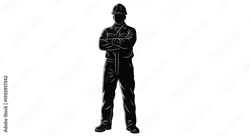 Obraz premium A confident construction worker stands with arms crossed presenting a striking black outline silhouette high quality professional detailed modern