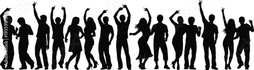 Dancing silhouettes group, joyful celebration crowd, festive party illustration, social unity concept, happy people artwork, movement design, lively dance figures