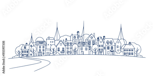 Cityscape line art illustration. Urban landscape in monochrome line art style. Vector illustration.
