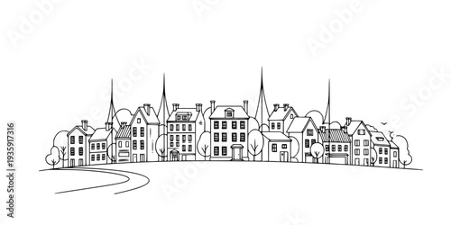 Cityscape line art illustration. Urban landscape in monochrome line art style. Vector illustration.

