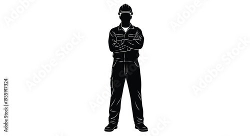 A striking black silhouette depicts a construction worker with arms crossed exuding confidence and professionalism silhouette high quality