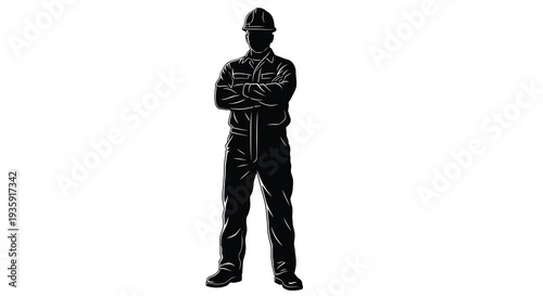 A confident construction worker stands with arms crossed presenting a striking black outline silhouette high quality professional detailed modern