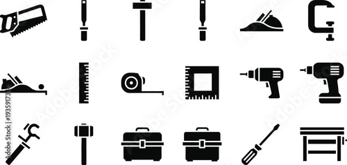Assortment of Black Carpentry and Building Tools on White Background illustration