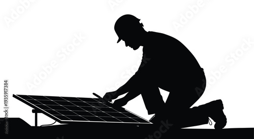 A technician meticulously examines and repairs a solar panel showcasing renewable energy solutions in a striking silhouette high quality