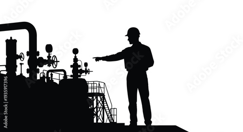 An industrial worker stands before complex machinery pointing and overseeing operations in a stark silhouette high quality professional detailed