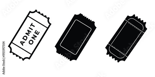 Admit one ticket set three designs black white silhouette vector illustration