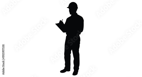 A stark black silhouette of a construction worker holding a clipboard and pen inspecting work details silhouette high quality