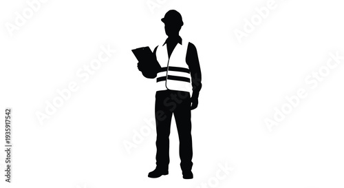 A striking black silhouette depicts a construction worker holding a clipboard showcasing a classic worker profile silhouette high quality