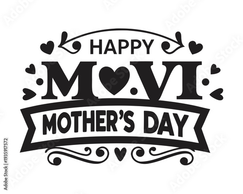 Happy mothers day text with hearts and ribbon banner vector illustration for greeting card design