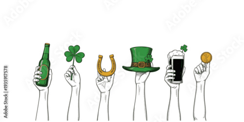 Hands with Lucky Charm and Drinks St. Patrick's Day Set
