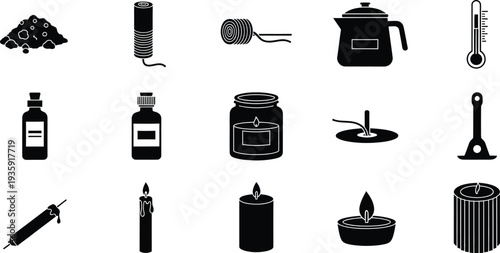 A collection of candle making equipment and finished candle icons in a minimalist black style.