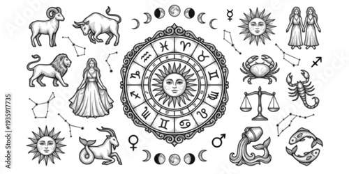 Astrology Zodiac Horoscope Signs Birth Chart Constellation Cosmic Stars Celestial Mystical Vector Icon Set - Aries Taurus Gemini Line Art
