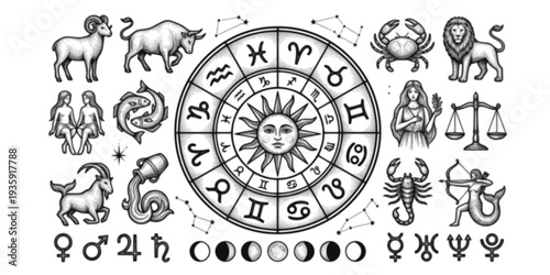 Astrology Zodiac Horoscope Signs Birth Chart Constellation Cosmic Stars Celestial Mystical Vector Icon Set - Aries Taurus Gemini Line Art
