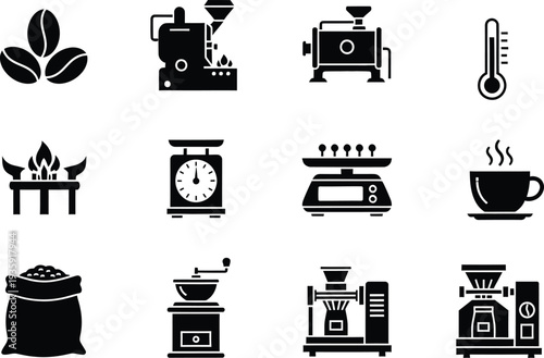 Set of twelve black coffee industry icons representing roasting and preparation processes.