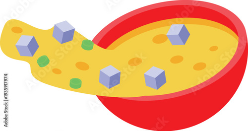Yellow hot soup splashing from red bowl with tofu and chives, isometric view