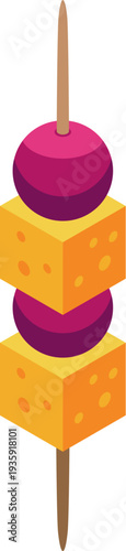 Isometric canape with cheese and grapes impaled on wooden stick representing party appetizer or finger food