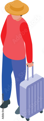 Tourist wearing a straw hat is pulling luggage, preparing for a summer vacation trip