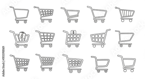 Collection of Shopping Carts Hand Drawn Sketch Style.