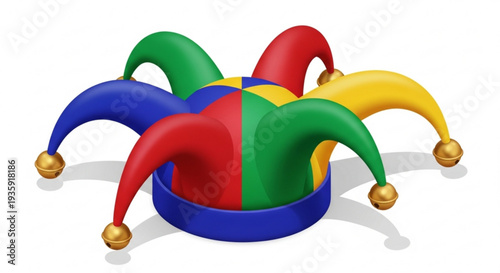 Multicolored jester's hat with red blue green and yellow points on transparent background