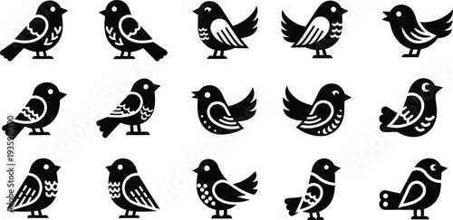 Set of stylized black bird icons in various poses birds animal
