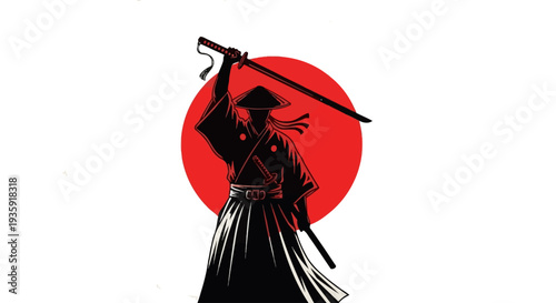 Samurai warrior standing strong with sword raised high