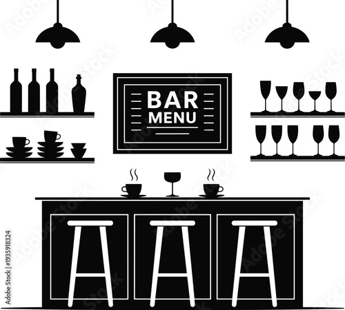 Bar counter interior silhouette with menu board, wine bottles, glasses and stools, pub cafe bar setup illustration