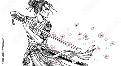 Warrior woman with sword and cherry blossoms in traditional Japanese attire