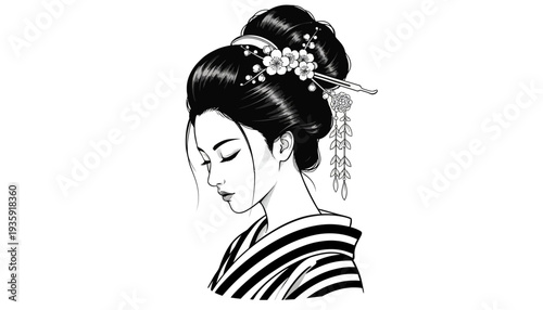 Elegant geisha illustration with traditional Japanese hairstyle and kimono