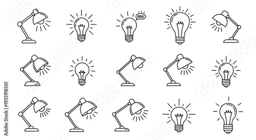 Collection of Simple Line Art Icons for Desk Lamps and Light Bulbs.