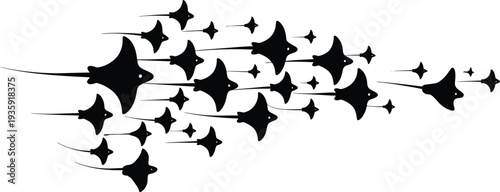 School of manta rays silhouettes swimming, ocean wildlife illustration, marine stingray group movement, underwater sea animal nature concept