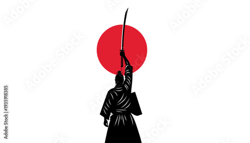 Samurai warrior standing proudly with sword raised high