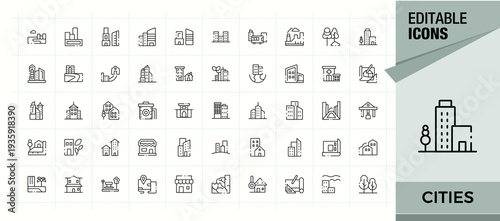 Cities icon set. Line icons with editable stroke. Included connect, town, urban, building. Vector illustration. Infrastructure line icon set.