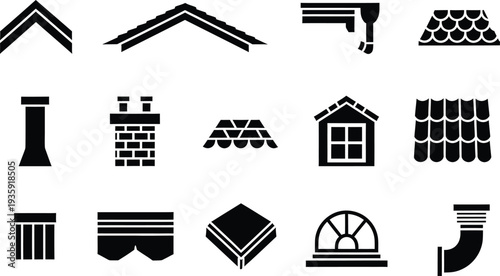 Collection of black and white roof construction icons including chimneys and gutters