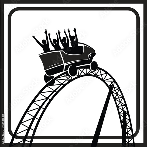 Roller coaster ride silhouette with people raising hands, amusement park attraction illustration, thrill ride entertainment concept, theme park fun