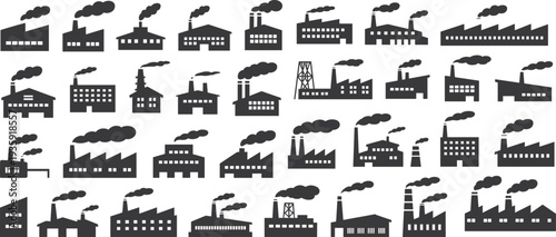 Factory building silhouettes set, industrial plants with smokestacks, manufacturing industry icons collection, urban factory illustration, industrial production concept
