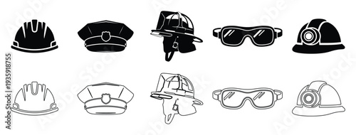 Safety Helmet, Police Cap, Firefighter Helmet, Protective Goggles and Mining Hard Hat Silhouette and Outline Icon Set for Construction, Industrial Safety, Emergency Service and Worker Protection