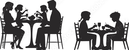 Family dining silhouettes, parents and children eating together, happy family meal, dinner table scene, parenting lifestyle, home dining illustration concept