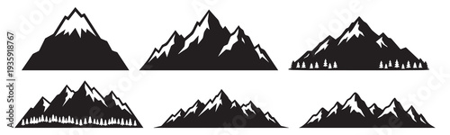 Six black and white vector icons depicting various mountain ranges with snow-capped peaks and some with forest bases, isolated on a white background.