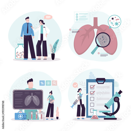 Patient makes check of lungs and respiratory system. Dangers of smoking, diseased lungs, research and treatment. Search for harmful bacteria, germs and pathogens.
